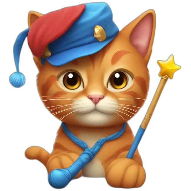 Red cat in a blue cap and with a magic wand emoji