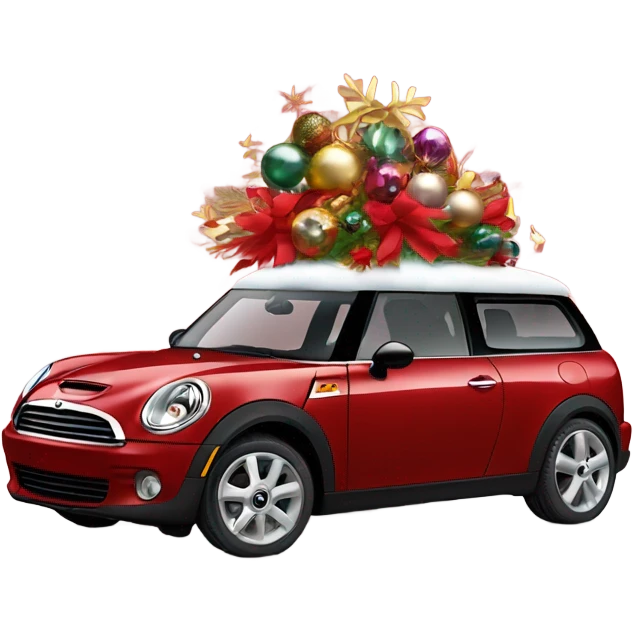 Red Mini Cooper Clubman with lots of Christmas decorations emoji