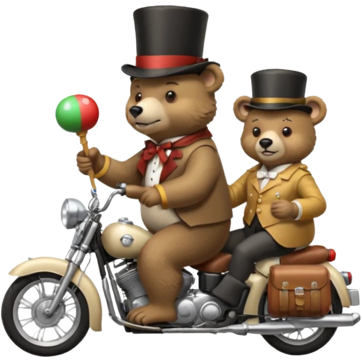 A bear wearing a top hat and holding maracas while on the back of an old lady who is driving a motorcycle emoji