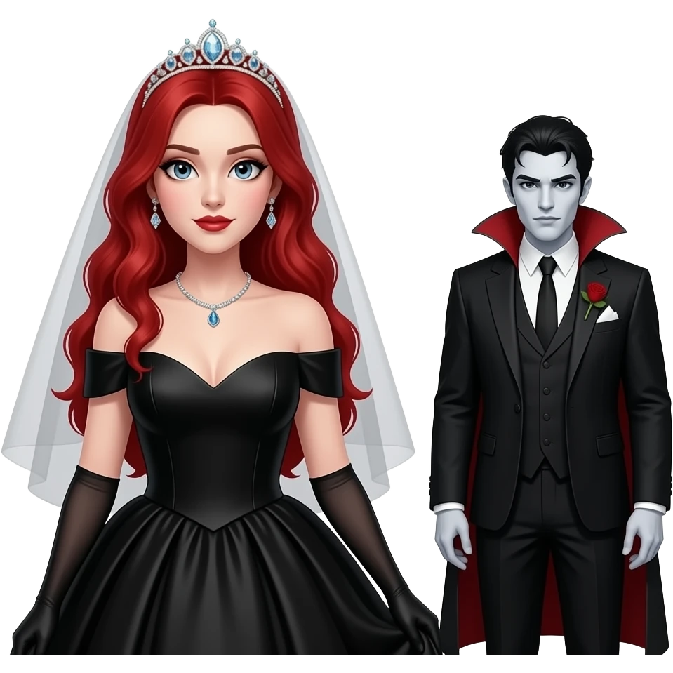 Vampiro femmina ADOLESCENTE con pelle bianca e capelli rossi indossa un vestito da sposa nera e una tiara di diamanti e la fede e si dirige verso  il suo fidanzato VAMPIRO con la pelle bianca e i capelli neri emoji