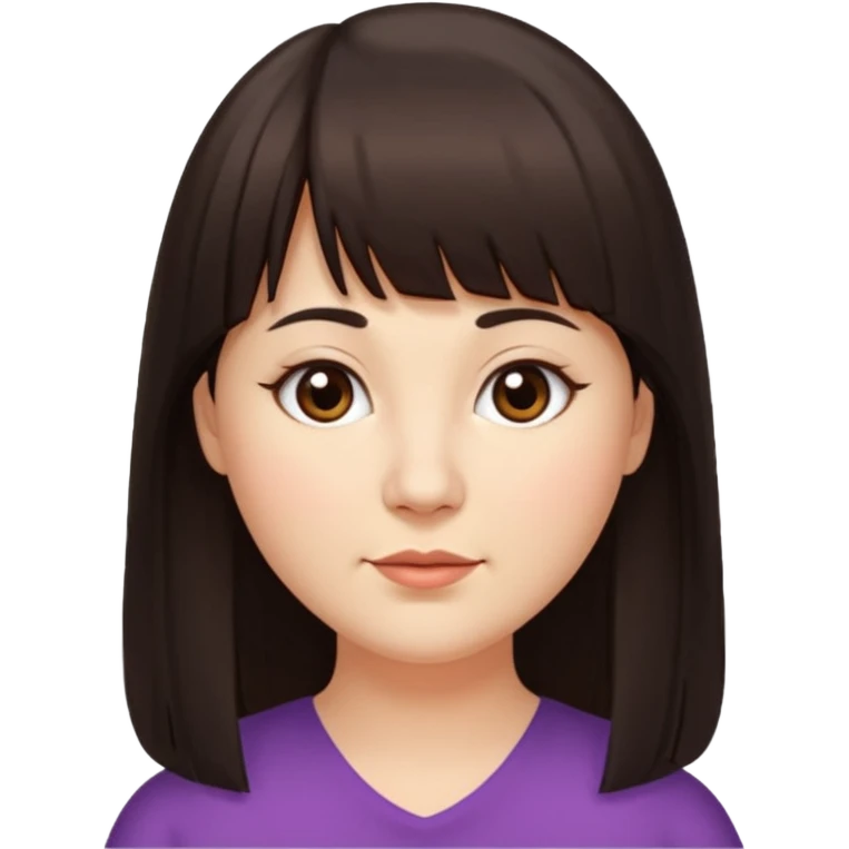 40 yr old woman, long hair down back, very small brown eyes, long hair, straight dark brown hair, bangs, chubby, long face emoji