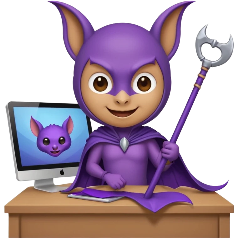 a happy purple bat holding a scythe while sitting in front of her computer emoji
