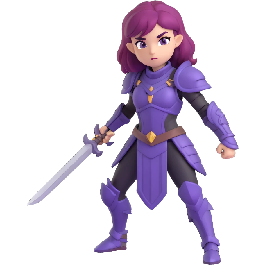 mysterious warrior girl with flowing purple hair, dressed in black armor, in a battle stance, emoji style emoji
