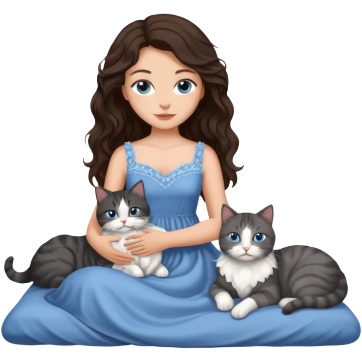 detailed realistic looking a dark grey and white cat regally laying with six other cats, cuddling with their owner in bed who is a pretty bratz lightly tanned white girl with long dark brown hair, blue eyes and gorgeous long wavy hair wearing a pretty detailed dress emoji