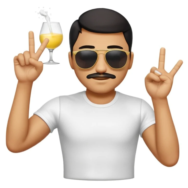 3D apple-style emoji of a stylish man performing the iconic Salt Bae pose, wearing sunglasses, short-sleeved white t-shirt, black pants, sprinkling salt from raised fingers over bent elbow, smooth yellow emoji skin, triangle-shaped eyes, confident smirk, white background, soft shadows, glossy finish emoji