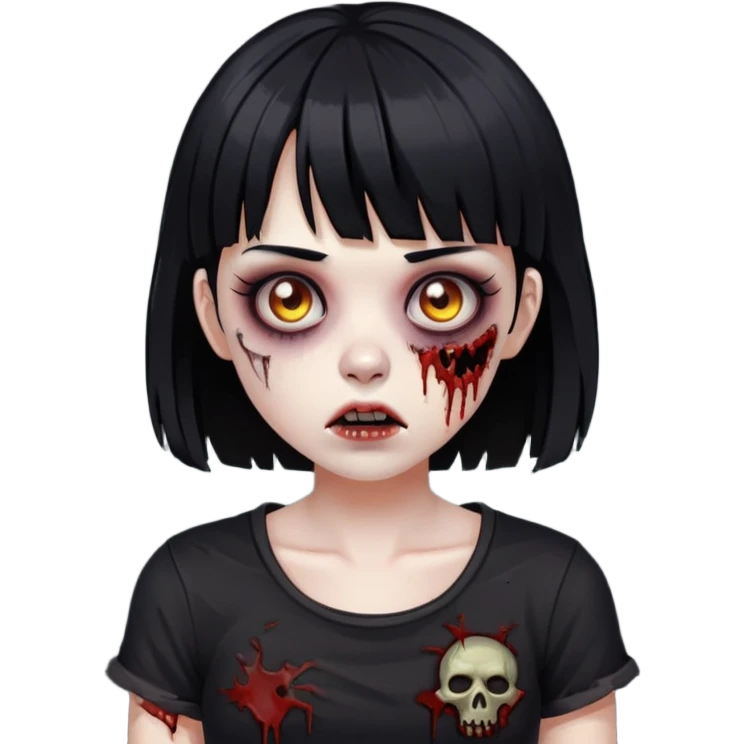 zoombie girl with black hair and short bangs wearing a destroyed black top  emoji