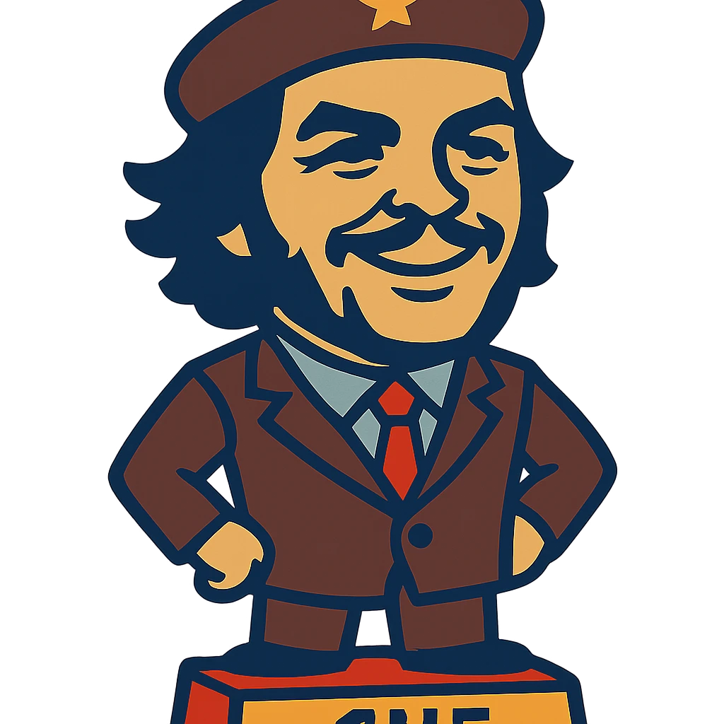statuette of Che Guevara in a suit and tie, big head, confident smile emoji