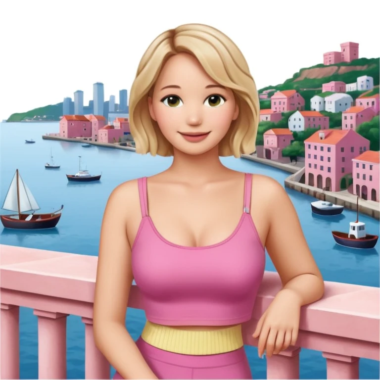 jennifer lawrence, pink crop top leaning on a balcony with a harbor and cityscape in the background, smiling emoji
