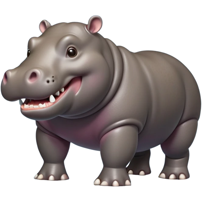 cinematic-hippo-realistic-full-body side view-standing on all fours-emoji,-massive-round-frame,-wide-mouthed-grin-exposing-huge-teeth,-head-tilted-dramatically,-thick-greyish-brown-hide-glossy-from-water,-simplified-yet-realistic-focused-features,-highly-detailed,-glowing-with-an-almost-sarcastic-glow showing only 4 theeth emoji