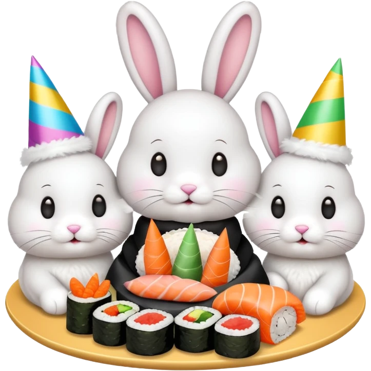 four bunnies together eating sushi at a birthday party, festive, colorful, party hats, birthday decorations emoji