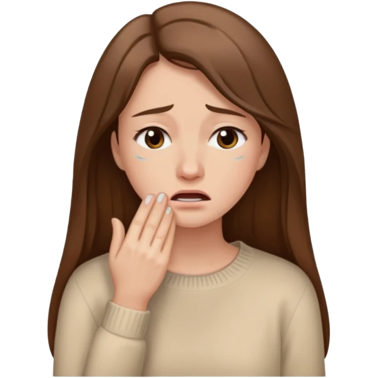 Woman with long brown hair crying, light beige sweater emoji
