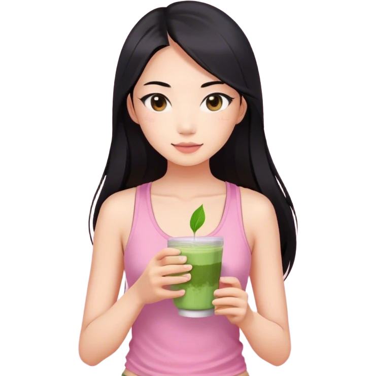 Asian woman with long black hair, brown eyes, pink tank, holding Matcha cup  emoji