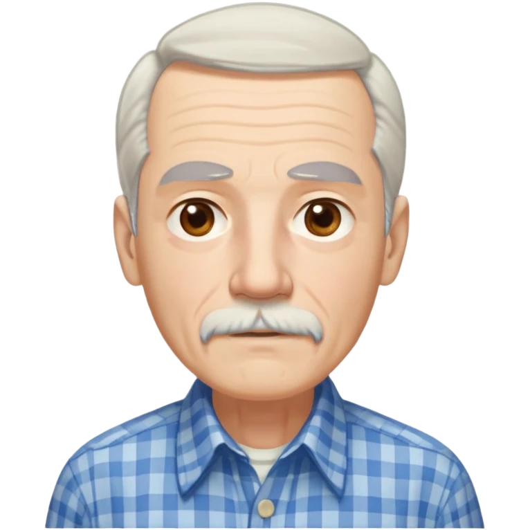 Thin elderly man with light skin. Elongated face with kind expression. Light brown eyes. Thin eyebrows. White goatee and white mustache. Fine straight gray-white hair with bangs, hair is long and goes past his ears. Slim build. Wearing a blue and beige checkered button-up shirt. emoji
