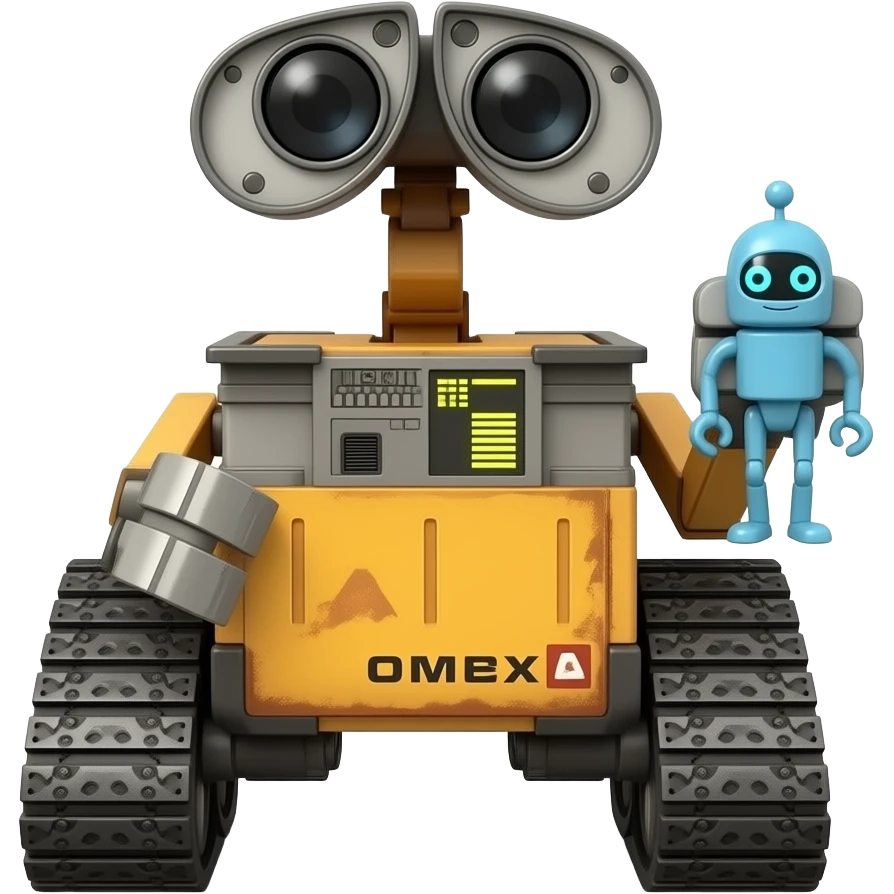 A platform with 2 legs facing forward with glowing white eyes and with no arms and also big carrying a tiny robot also made of plastic emoji