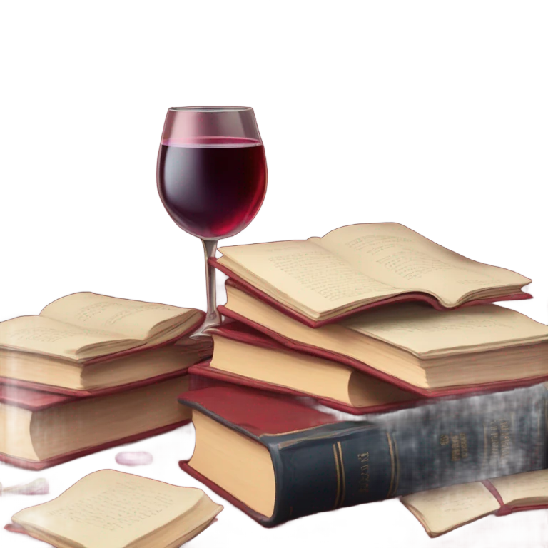 A deep red pile of books with classic dahlias and a spilled wine glass emoji