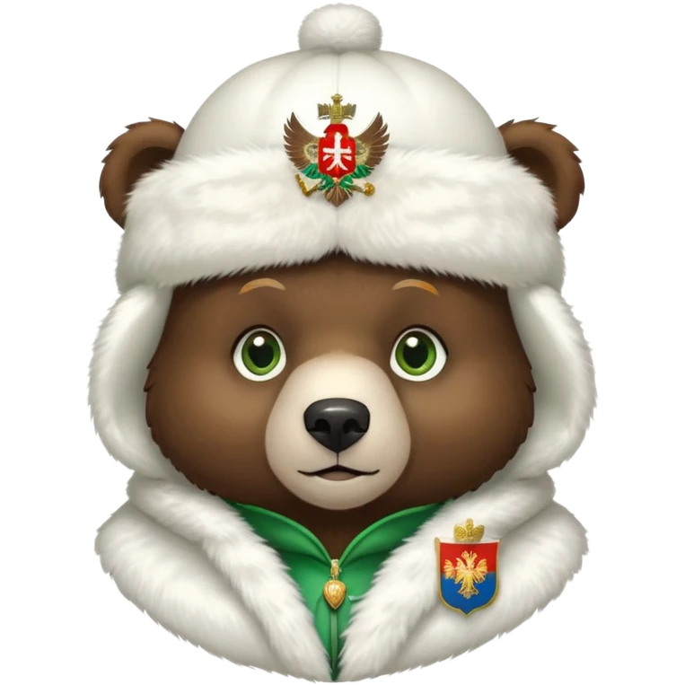 Very cute dark brown bear face with big green eyes and sweet expression, wearing a completely white fur hat with the Russian Federation coat of arms (double-headed eagle) in the center emoji