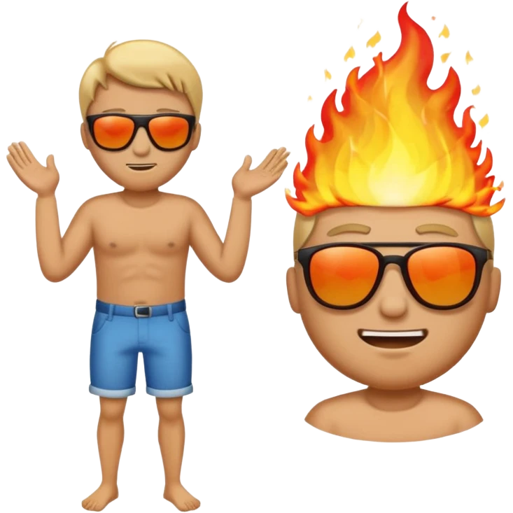 Comic emoji of man trying to fan himself because it's sunny then suddenly his butt is on fire but then it got bigger and then goes to the ocean but makes the fire bigger emoji
