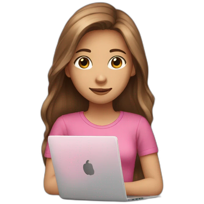 Girl with long brown hair light skin and looking at laptop, pink shirt emoji