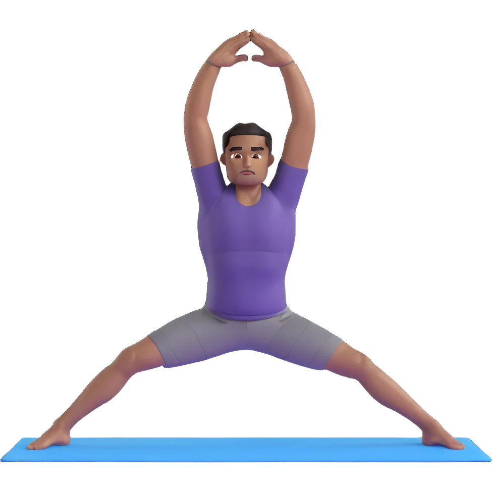 man doing warrior pose yoga with arms stretched out, legs in lunge position emoji