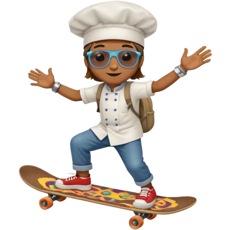 ["A happy boy with brown skin, straight hair, wearing a chef hat and sunglasses, dressed in hippie fashion, is skateboarding while holding a backpack."] emoji