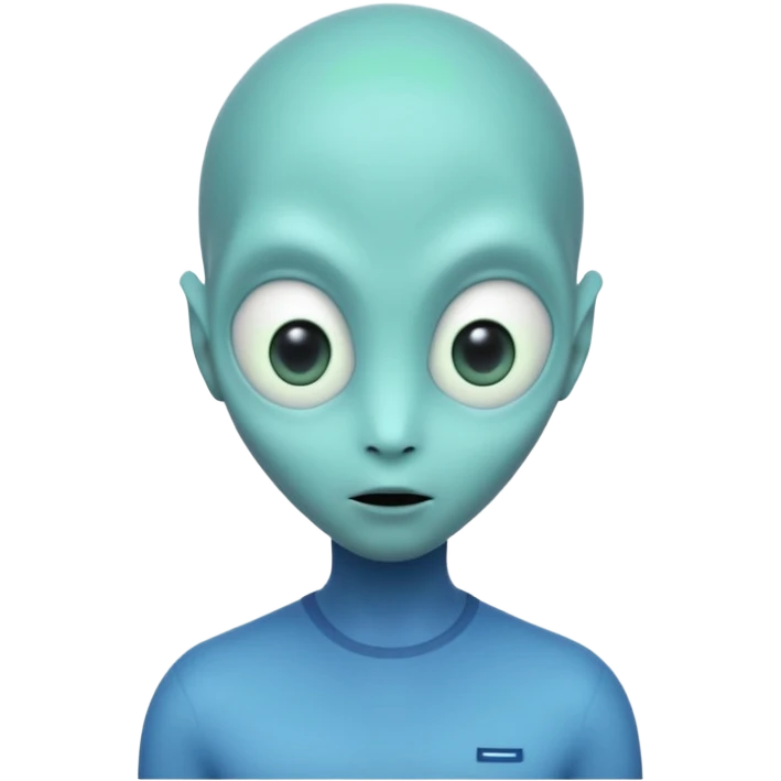 Portrait of an alien with smooth greenish-blue skin, large black oval eyes, small nose, and no visible ears, elongated head, front-facing, wearing t-shirt, soft glow, simple futuristic design emoji