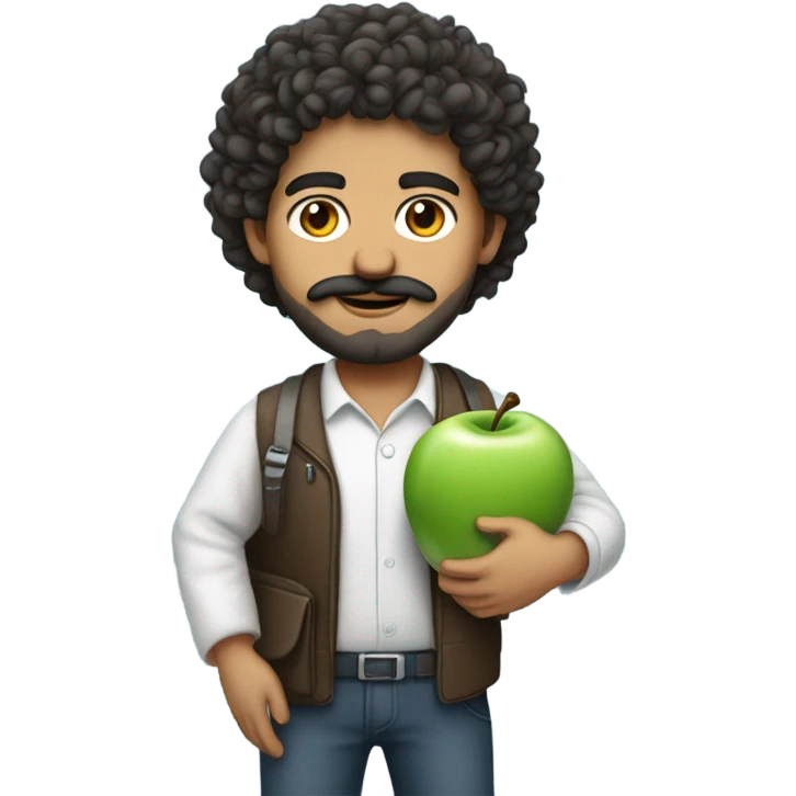 no glasses, Mexican school IT technician with apple laptop and with curly hair and mustache and beard  emoji