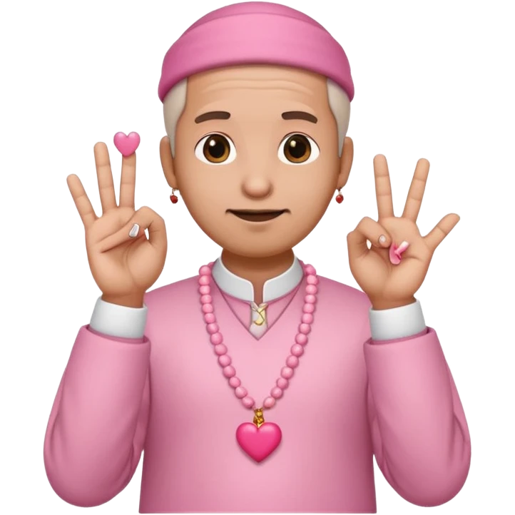 funny uncle wearing takke, pink skirt, holding prayer beads, making heart sign with fingers, saying 'uwu', emoji style emoji