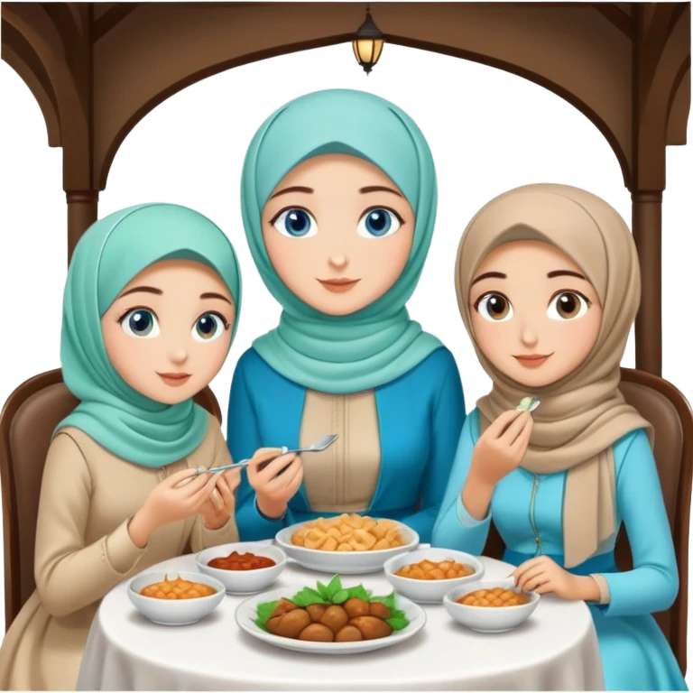 Turkish beautiful finish Konya girls blue eyes with lovely mint hijab long tail dress and the two friends sits on the chair on the ground and eating the food in the restaurant  emoji