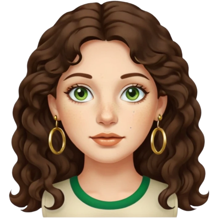 Attractive italian woman with a wide face, freckles, Long wavy dark hair and gold hoop earrings and green eyes emoji