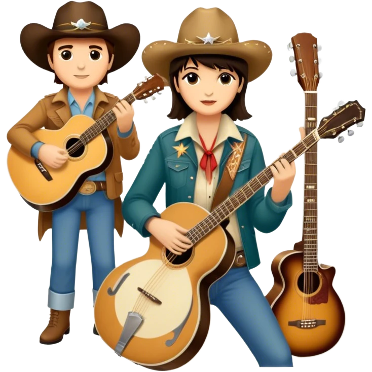 Icon for Country Music: A collage featuring Eagles as a band, Ricky Nelson, and Linda Ronstadt. Acoustic guitars, banjo, cowboy hats and a vintage Americana aesthetic evoke the spirit of classic country and country rock. Warm earthy tones. Transparent background. emoji