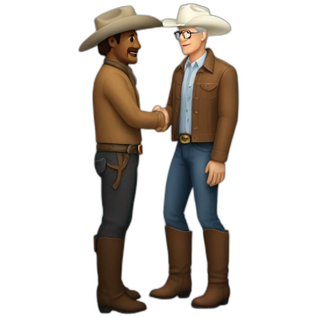 Tim Cook in turtle neck shaking hands with a white male cowboy emoji