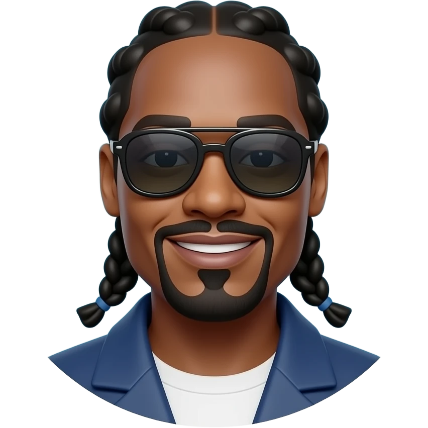 Single circular emoji of Snoop Dogg, Apple iOS style. Braids, sunglasses, goatee, friendly smile, glossy 3D-vector, light blue background, high definition emoji