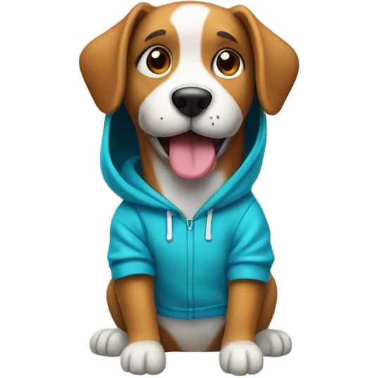 Dog wearing a hoodie and waving hello emoji