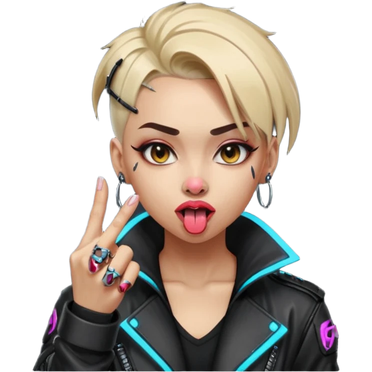 Woman with her tongue out in cyberpunk clothing and giving the middle finger. Looking naughty. emoji