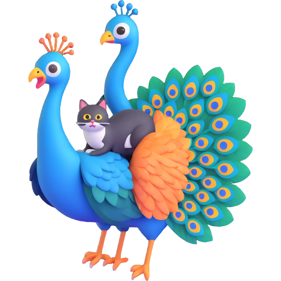 silly peacock with a cat, cat riding on peacock's back emoji