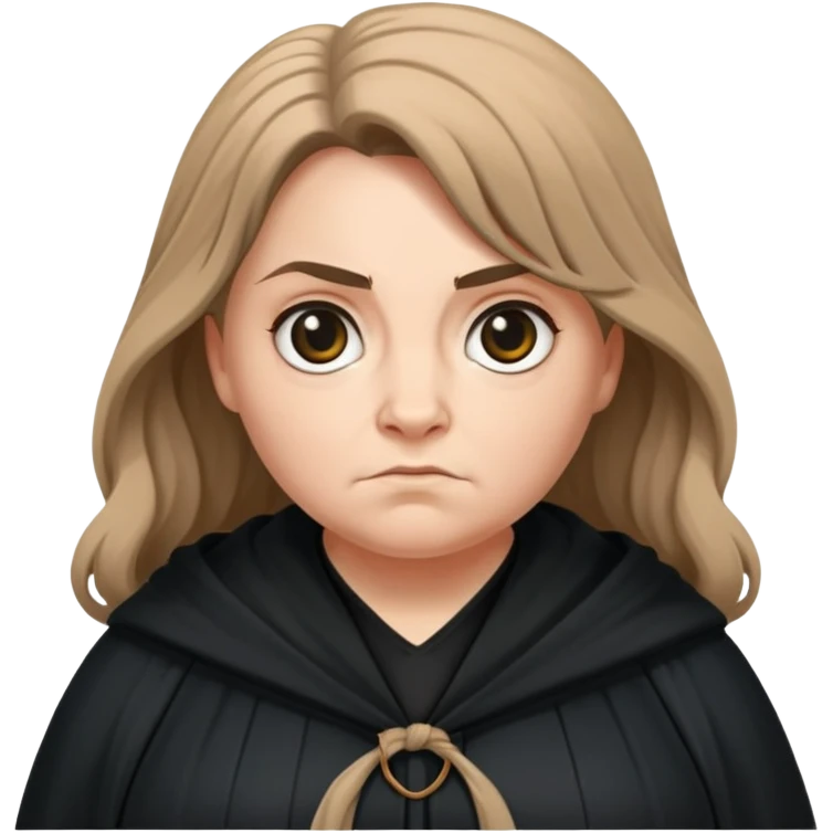 Alecto Carrow in harry potter, a woman fat, light brown knot tied hair, look evil, black cloak emoji