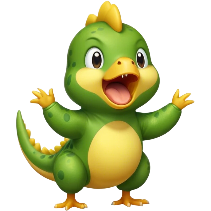 Un pulcino che indossa una tuta da dinosauro verde si sta svegliando ora e sbadiglia  emoji