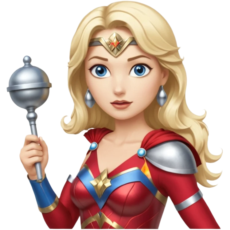 Blonde blue eyes Wonder Woman holding bell and short, skinny white baton emoji