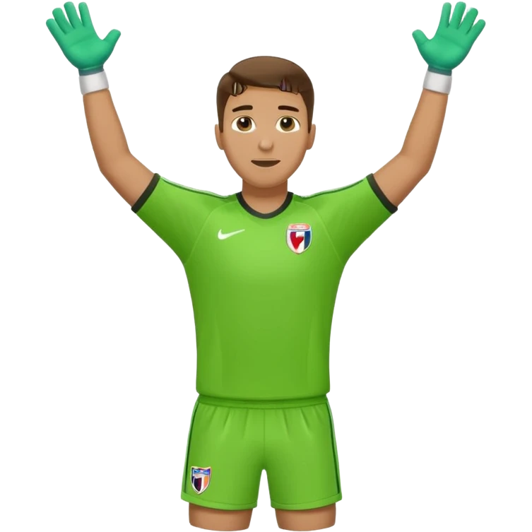 soccer goalkeeper green shirt, shorts, socks, football boots arms up emoji