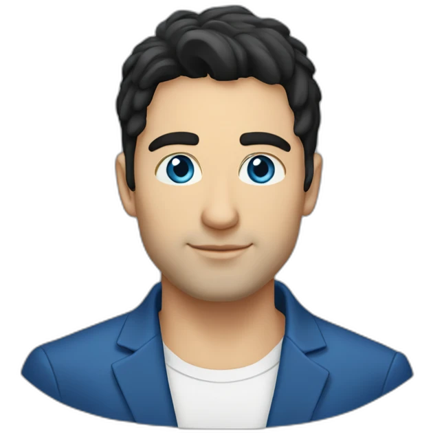 30 year old man, caucasian, black hair, blue eyes, blazer, t-shirt emoji