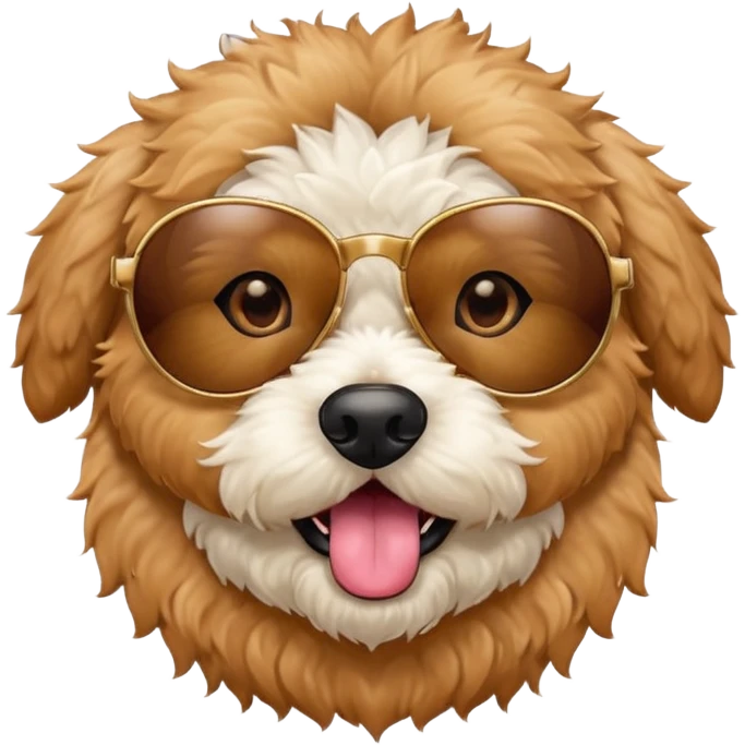 Create a small fur  circle mini golden doodle dog with brown eyes tan fur emoji  sticking its tongue out with sunglasses on emoji