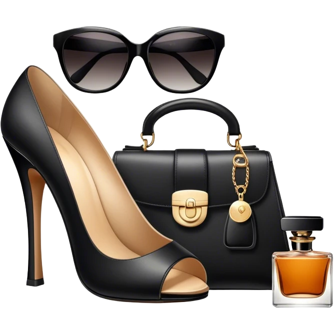A photorealistic icon featuring stylish fashion accessories like high heels, a designer handbag, sunglasses, and a perfume bottle, arranged elegantly. Soft, luxurious colors with detailed textures and lighting that convey beauty and style. Transparent background, symbolizing fashion and beauty. emoji