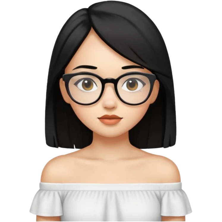 A light skinned girl with straight black hair on shoulder length wearing a white off shoulder and glasses emoji