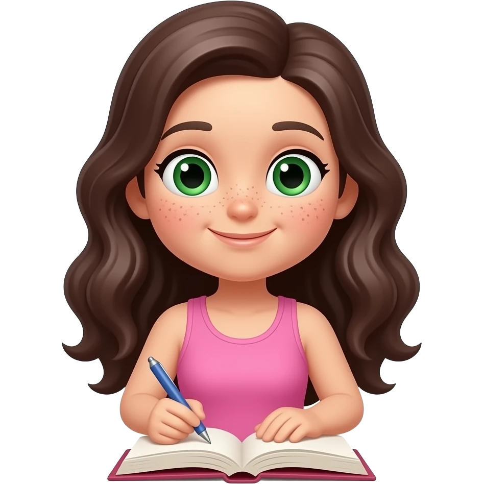 young girl in the style of iphone emoji people, fair skin, green eyes, freckles,long dark brown wavy hair, pink tank top and pink leggings, is writing a book emoji