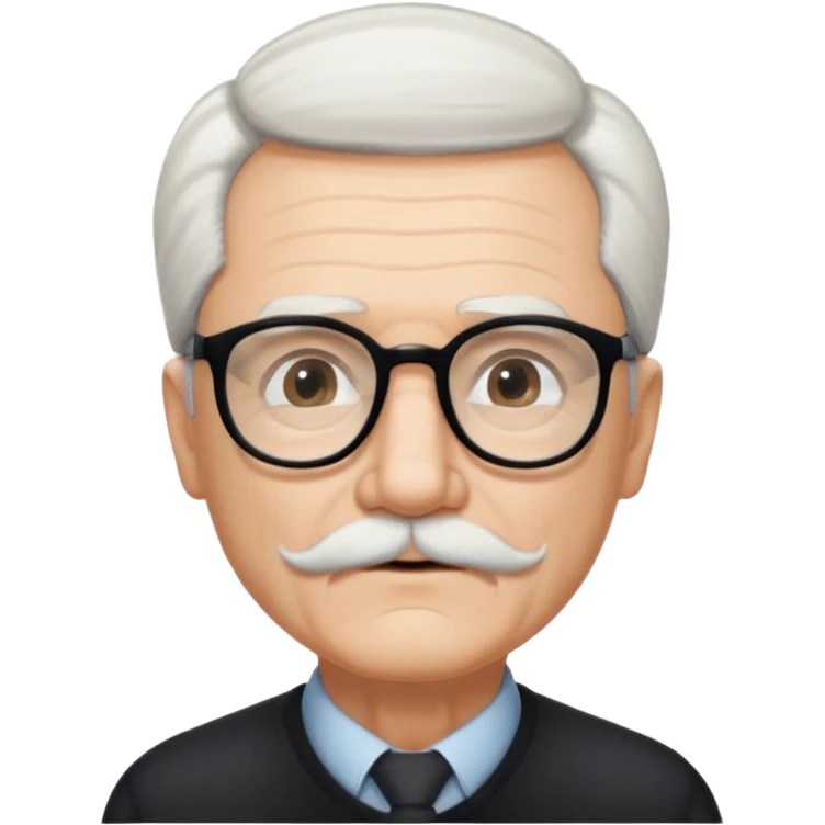 An elderly man with neatly combed white hair swept back, giving a tidy and classic look, and wears black rectangular glasses. His face is oval-shaped with  a small white mustache above his lips.d. emoji