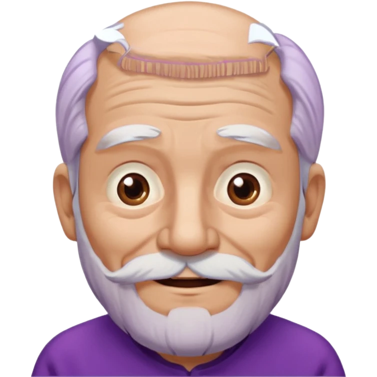Abuelo hombre con ropa morada, ojos cafés, muchas arrugas, aspecto feliz, el pelo debe ser blanco no morado. emoji