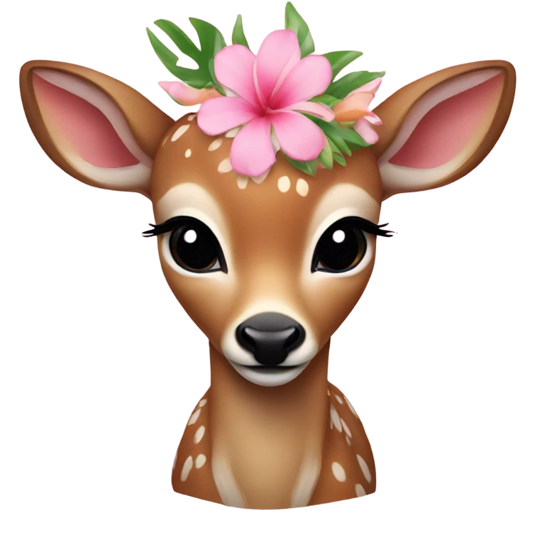A sweet baby deer with a light pink tropical flower on her head  emoji