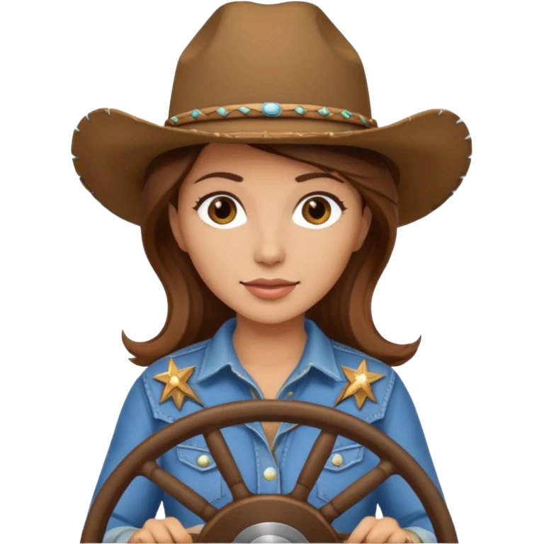 ["Light-skinned cowgirl, brown hair, wearing a cowboy hat, holding the wheel."] emoji