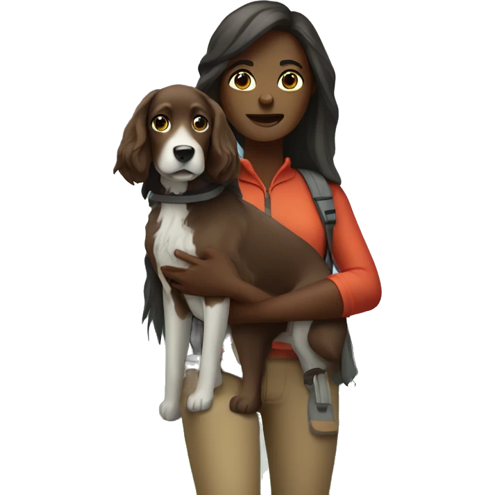 Dark skin woman long hair hiking with dog facing frontward emoji