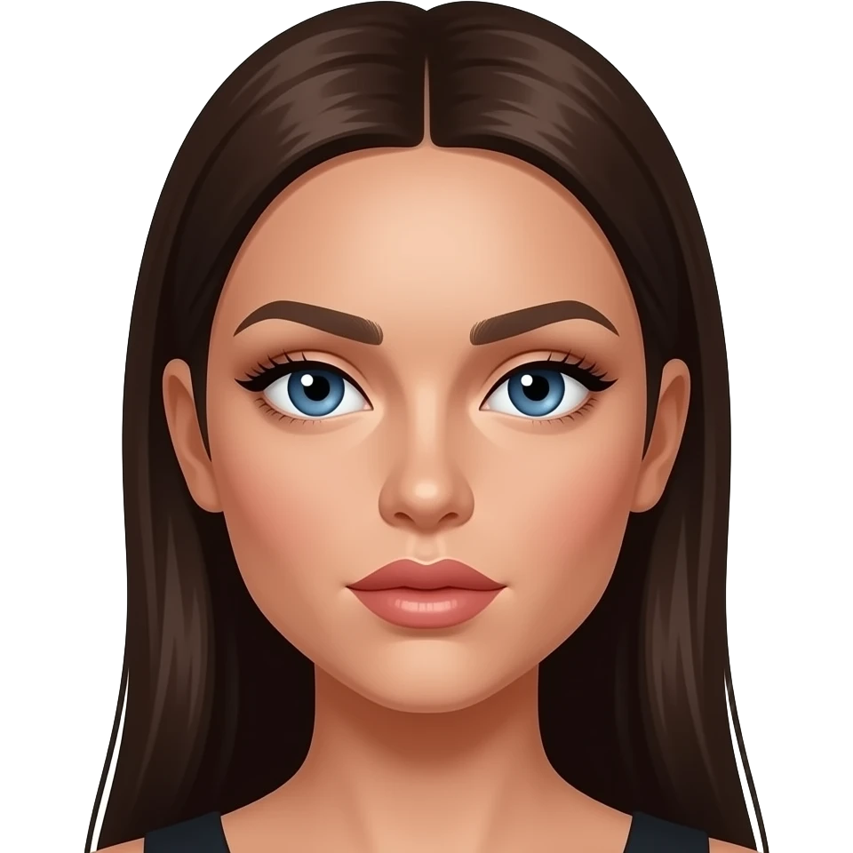 Woman with an oval face, light tan glowing skin, large almond-shaped blue eyes with long lashes, dark full arched eyebrows, straight slim nose, full lips with defined cupid’s bow, long dark brown smooth hair, soft glam makeup, symmetrical model-like face, elegant and slightly intense expression. emoji